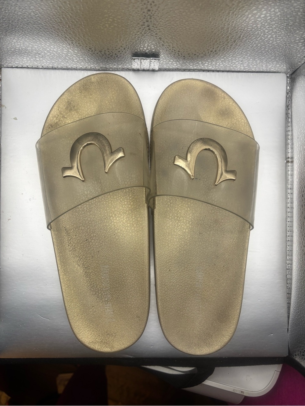 True Religion Gold Metallic Slide Sandals Clear Strap Logo Women’s Size 10